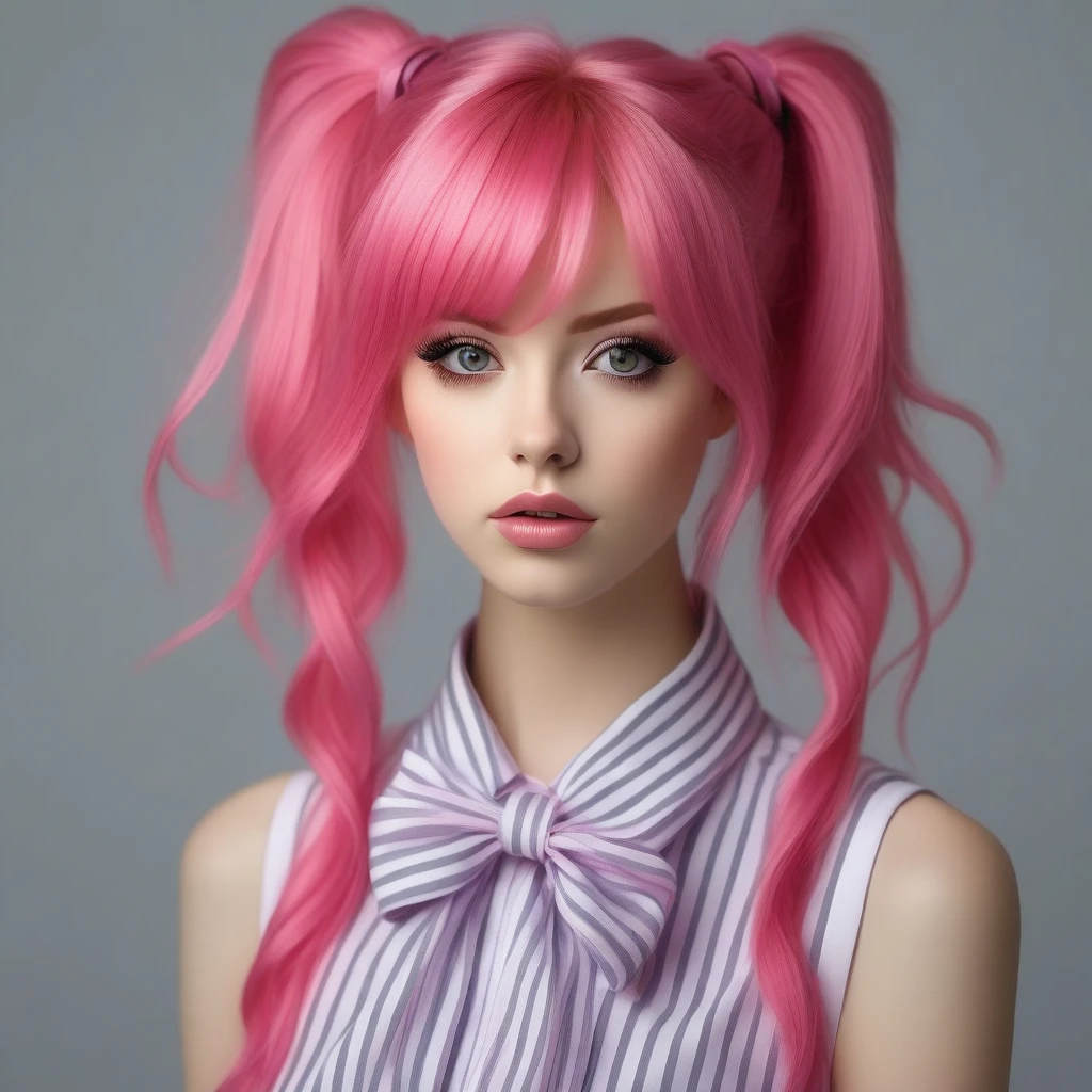 bellissima 1girl, solo, long hair, looking at viewer, bangs, shirt, bow, upper body, pink hair, hair bow, sleeveless, striped, nail polish, lips, head tilt, grey eyes, eyelashes, makeup, lipstick, striped shirt, realistic