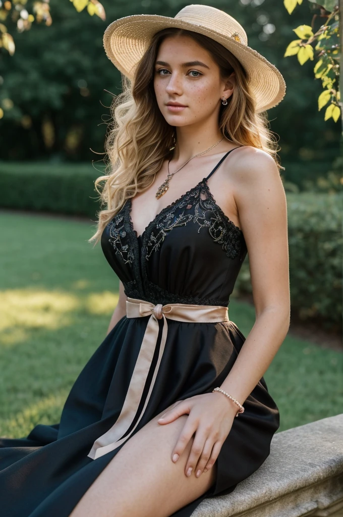 score_9, score_8_up, score_7_up, score_6_up, score_5_up, score_4_up, (8k, hd, best quality, masterpiece), (extremely detailed), (ultra hyperrealistic photo: 1.2), full body photography of a young lady from bourgeois society, blonde, curly hair falls over her shoulders, strands of hair fall on her face, (black dress, short lace skirt, finely decorated, exquisitely adorned with embroidered rose appliqués), (sewing details and fabric weaves), (side shot) , full body close-up, long straight hair, large hat decorated with ribbons and bows, sculptural body, (thin: 1.3), serious, green eyes, deep neckline, damp sweaty skin, with freckles and moles, wearing delicate necklace and bracelets, in the gardens of an old bourgeois mansion, (sitting elegantly), (face to the side, eyes facing the camera), sunset, cinematic natural lighting, slightly blurred background. She is clearly excited and takes advantage of the situation to sensualize in an exhibitionist attitude by showing off her open neckline.