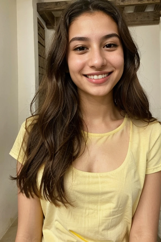 20YO, small nose, one women,attractive, Jordanian, Arab, Bright Yellow shirt, cute smile, cute face, white teethes, skinny face, light brown eyes, black/blonde long hair, modest