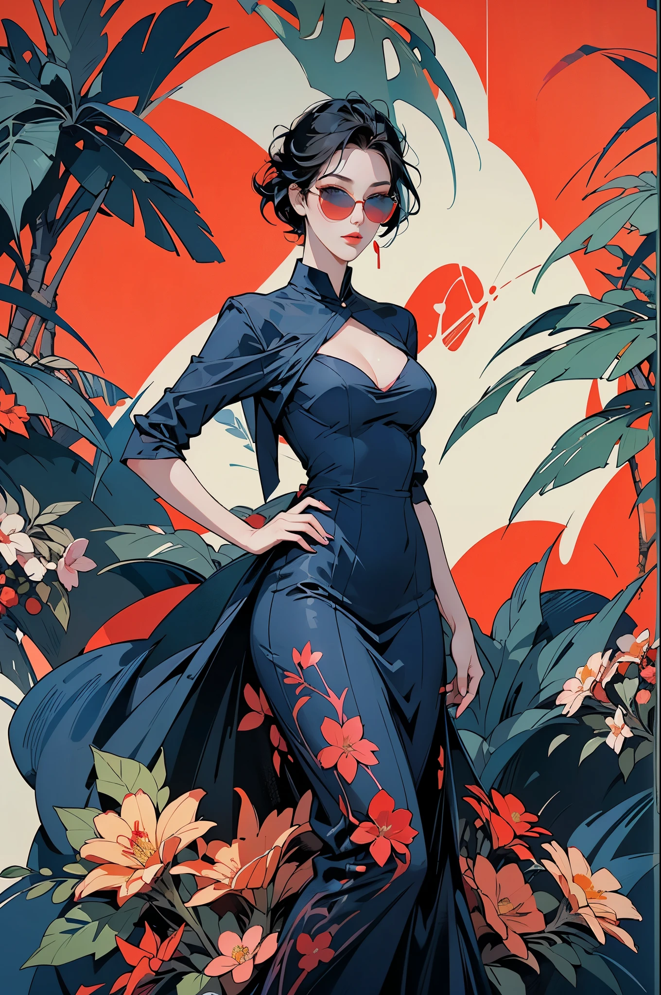 a woman in a navy blue dress standing in front of flowers, ((Art style by Patrick Nagel)), ((8k, wallpaper, detailed)), dark sunglasses, korean popstar, short black hair, pretty hands, fringe, simple red background, palm trees, (graffiti wall:1.2), strong, courageous, art by Patrick Nagel
