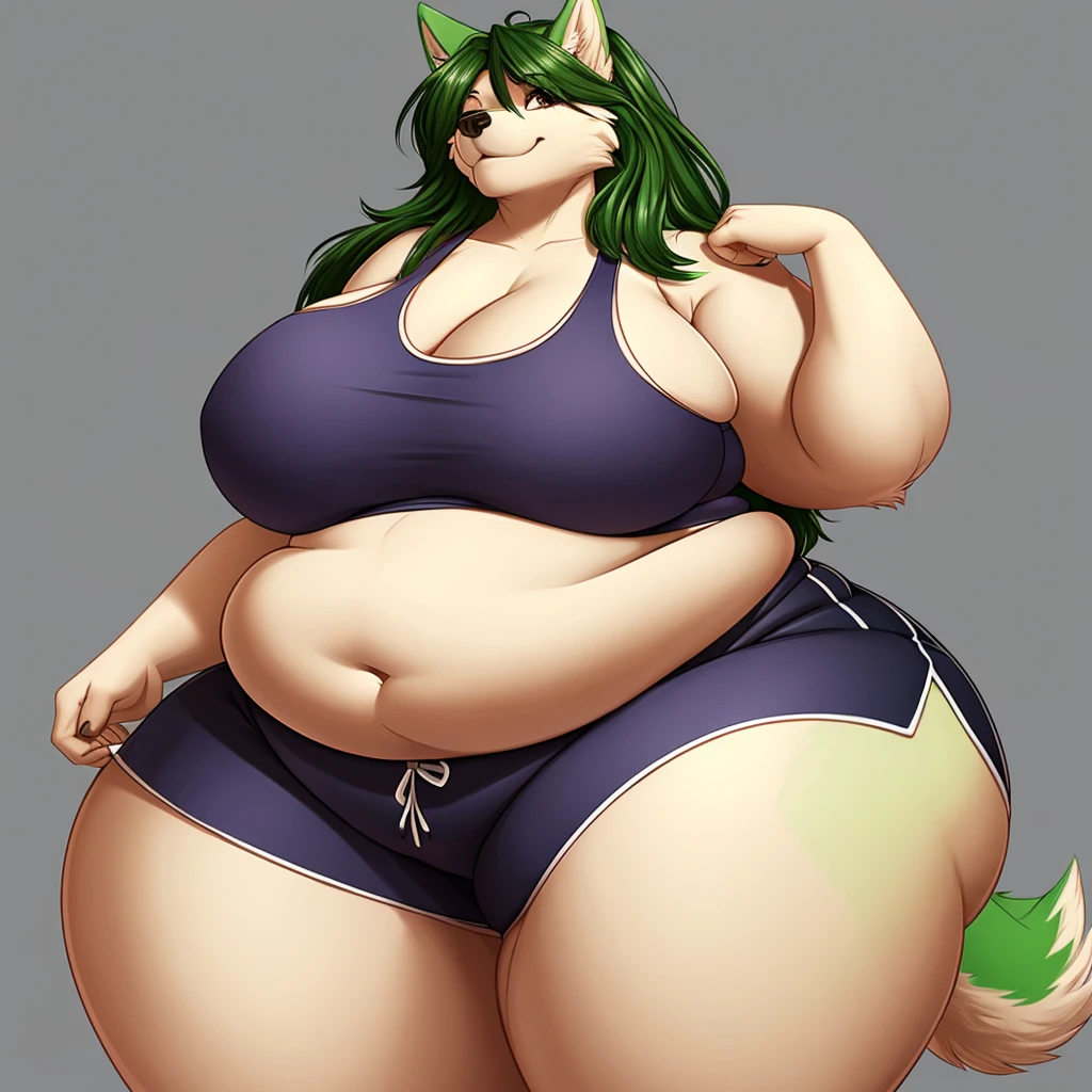 Malamute, female, long hair, gorgeous, beautiful, eyelashes, voluptuous, plump, belly rolls, fat arms, fat legs, ,tank top, shorts ,huge saggy breasts ,fringe on eye,heavy top, huge hips huge thighs heavy bottom ,sports bra,sports shorts, simple background , morbidly obese, belly rolls, fat rolls, belly rolls,belly overhang,rolled up tail, light green fur,white fur