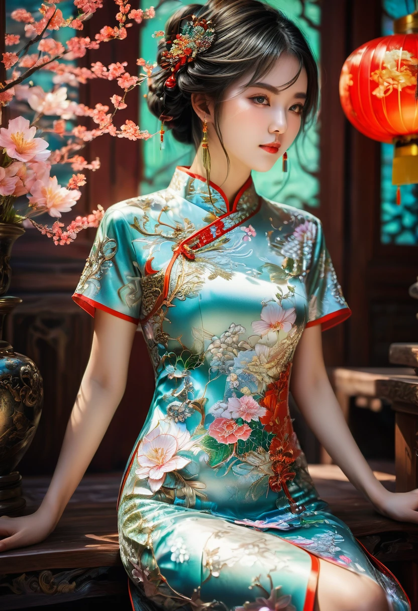 Cheongsam, by ruan_jia, RAW photo, 35mm photograph, bokeh, best quality, masterpiece, very aesthetic, perfect composition, intricate details, ultra-detailed