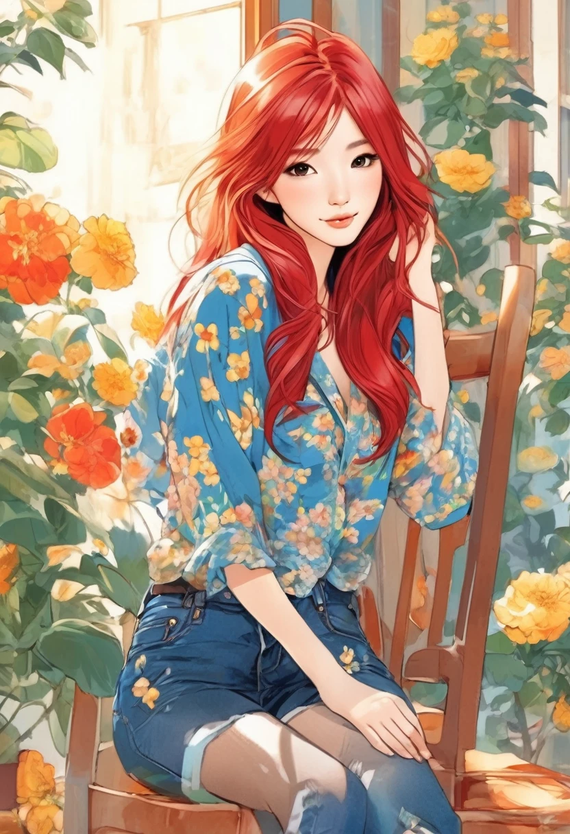 Pretty asian woman, bright red hair, blue jeans, flower shirts, cute, sitting in a chair. Anime style