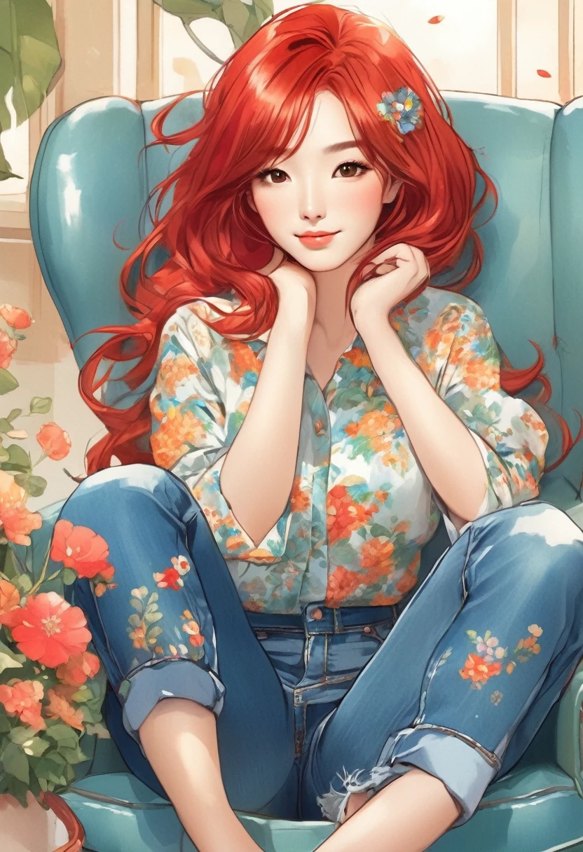 Pretty asian woman, bright red hair, blue jeans, flower shirts, cute, sitting in a chair. Anime style