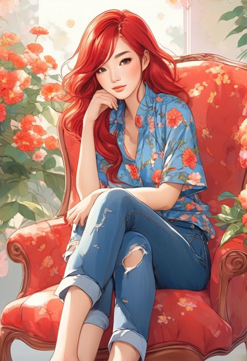 Pretty asian woman, bright red hair, blue jeans, flower shirts, cute, sitting in a chair. Anime style