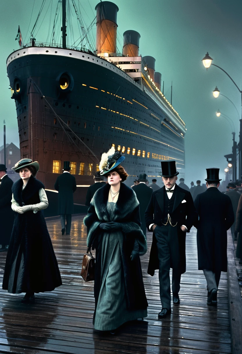 Victorian-era upper class scene, foggy nighttime dock, massive ocean liner RMS Titanic in background, well-dressed English ladies and gentlemen walking and waiting to board, dim lighting from lamps on dock, solemn gloomy atmosphere, intricate period clothing and architectural details, cinematic compositionPhotorealistic render, RMS Titanic moored at Southampton docks before maiden voyage, 1912, upper crust ladies in ornate hats and fur stoles with gentlemen in evening tailcoats and top hats, atmospheric fog and dim lighting from dockside lamps, people carrying luggage, excited yet somber mood, incredible detail