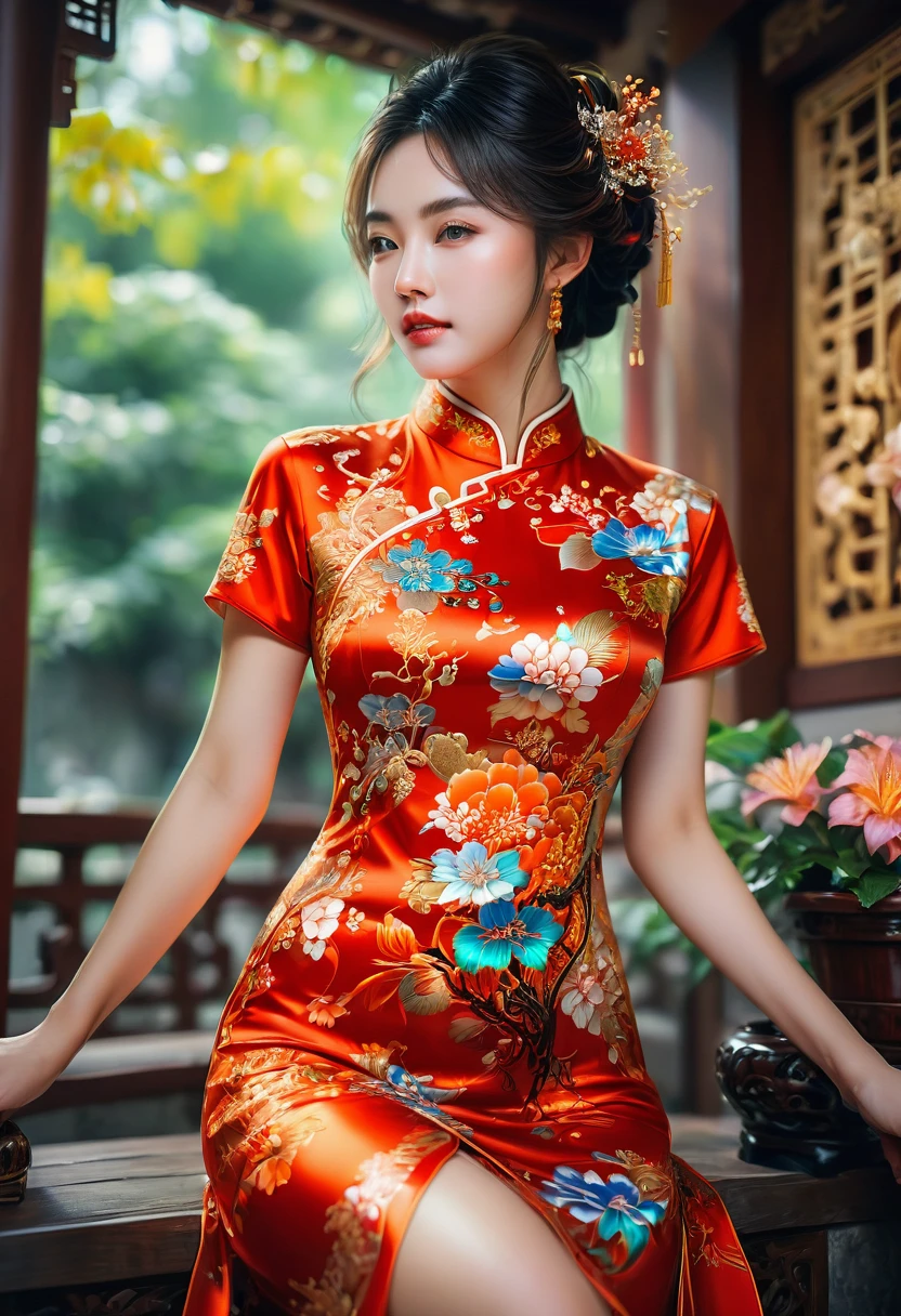 Cheongsam, by Artgerm, RAW photo, 35mm photograph, bokeh, best quality, masterpiece, very aesthetic, perfect composition, intricate details, ultra-detailed