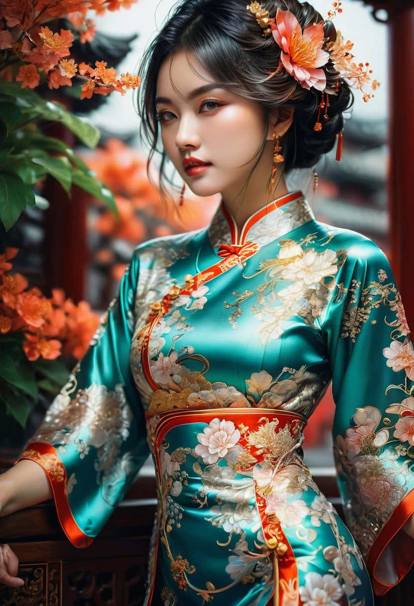 Cheongsam, by Artgerm, RAW photo, 35mm photograph, bokeh, best quality, masterpiece, very aesthetic, perfect composition, intricate details, ultra-detailed
