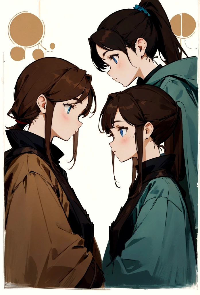 Two sisters turning their backs on each other,one with loose brown hair and honey eyes and the other with a ponytail, dark hair and blue eyes.,both dressed as hunters,poster style