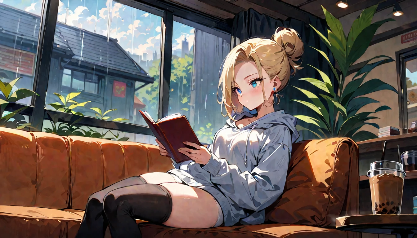 (masterpiece) (ultra_detailed) (best quality) shinomiya kikoru, 1girl, slim, fit, anime look, anime style, wearing hoodie, on bed, reading book, in a room, with bookselfs, wearing round glasses, poke 