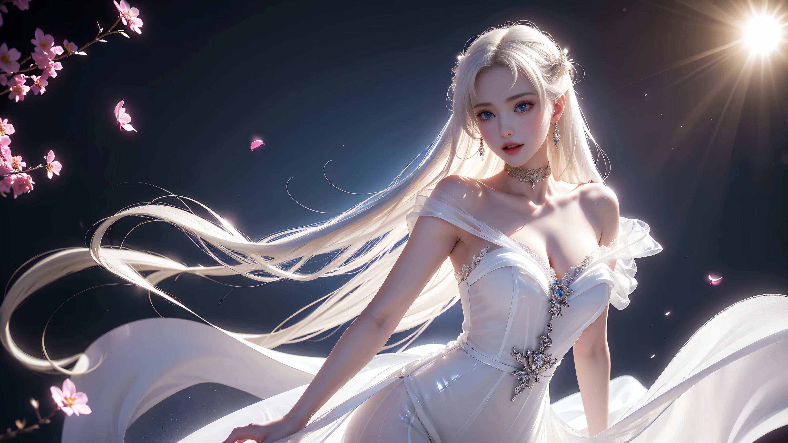 ((Full body image))((Representative works:1.5、8K、Portrait、Photo-realistic and very detailed CG、Very detailed、Particle Effects、Dynamic Effects、Written boundary depth、Cinematic Light、Lens flare、Ray Tracing、Tabletop、Realistic:1.4、Super A high resolution:1.2、Realistic、Realistic))((alone、(Woman in an off-the-shoulder semi-transparent white dress:1.4)、Model-like pose:、Side bust、Ample breasts、Detailed face、Bright expression、Young、Bright、White skin、Great looks、Ultimate beauty、shiny white hair:1.8、Bright shiny hair、Super long、Silky straight hair、Hair swaying in the wind))(Transparent flowers々Surrounded by、White background、The background is wonderful、Thin petals flutter down)