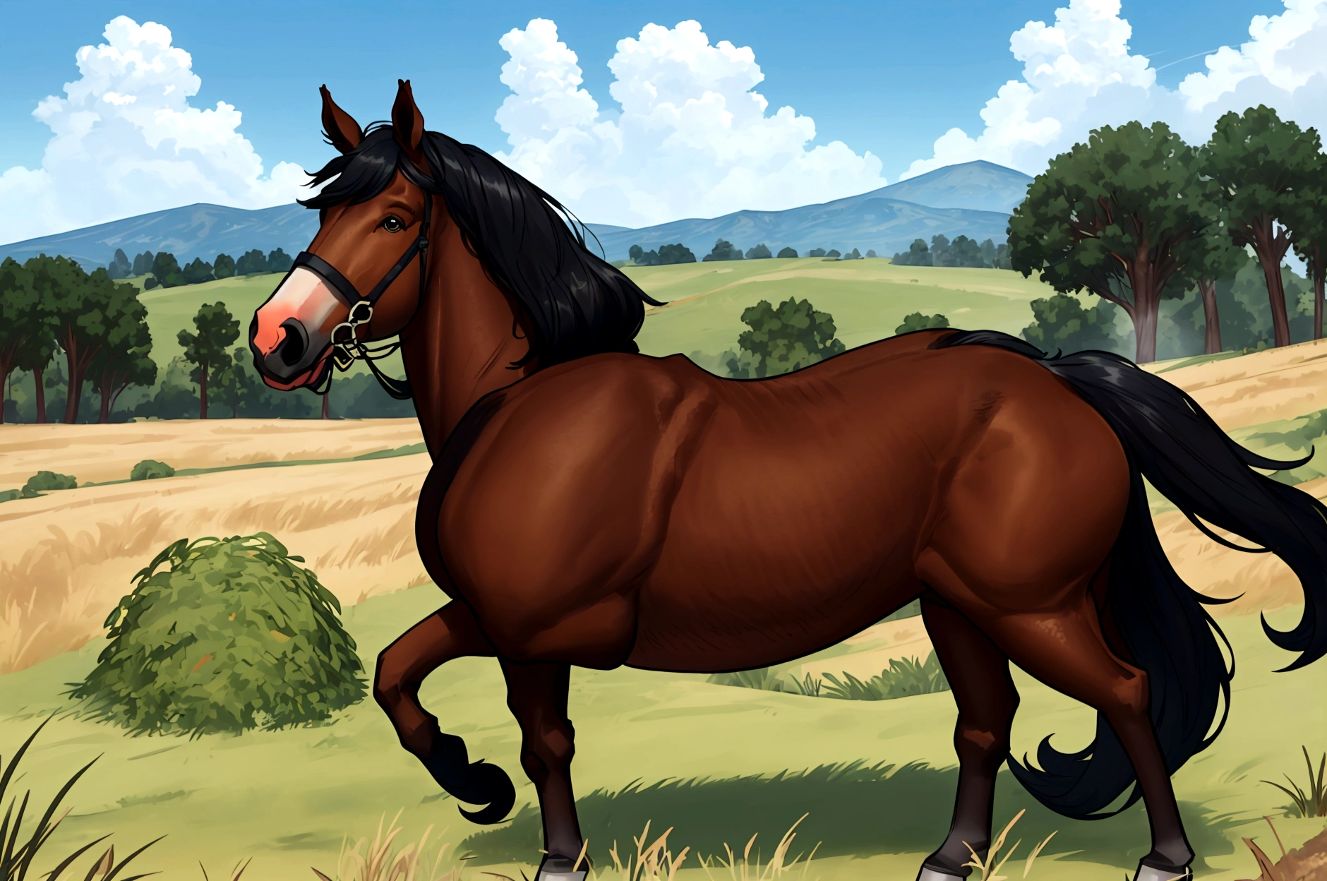 full side view of a big fat Clydesdale horse mare with a massive bum and a very short tail. horse facing horizon . BBW very full figured black skinned BBW nude African woman riding horse. flat grass meadow. looking to horizon . a single huge pile of steaming horse dung on the ground behind horse. cloudless blue sky.