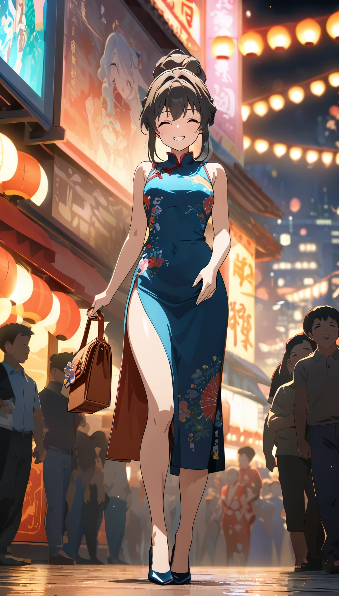 (best quality,8k,highres, masterpiece:1.2), (anime style),ultra-detailed, HDR, UHD, studio lighting, ultra-fine painting, sharp focus, physically-based rendering, extreme detail description, professional, vivid colors, bokeh, portraits, concept artists, warm color palette, dramatic lighting,Summer festival night,1 beautiful woman,(no sleeves China dress),updo, big smile, closed eyes, (The cityscape lined with the fairs of summer festivals),(beautiful hair, glowing skin,),full body,(passing crowd),(anime style),(high heels with straps),Holding a Hermès Kelly Bag