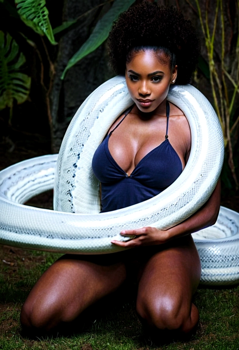 Happy Horny, aroused 1girl), beautiful kneeling ebony girl with giant colossal white titanboa squeezing her hard, wrapped in thick spiraling coils, constricted, struggle, gasping for air, snake attack, snake peril, moonless night, dim light