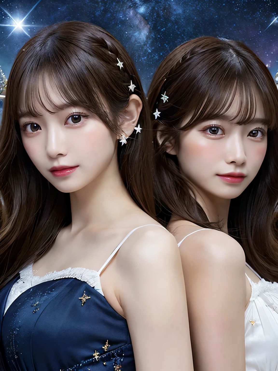 ultra real portrait photo, highly detailed, dynamic angle, beautiful detailed, 8k,lively expression,a female character personifying the Gemini zodiac sign. She appears as two identical women, standing in mirror-image poses. They wear light chiffon dresses and have expressions that convey liveliness and intelligence. The background features a starry sky and the Gemini constellation, creating a harmonious and energetic atmosphere. Pay attention to the realism in their skin texture, hair, and the details of their dresses.The background should include a starry sky and the Gemini constellation.