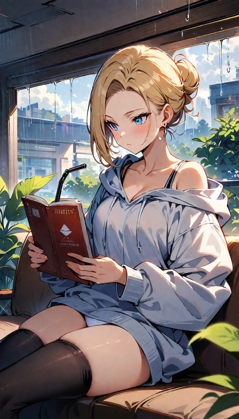 (masterpiece, best quality:1.2), solo, Android 18 from Dragon Ball, ((light gray hooded sweatshirt, Oversized hooded sweatshirt, long sleeve, black thighhighs, white panties)), slender thighs, midriff, small breasts, blonde hair, (single hair bun), ((blue eyes)), earrings on earlobes, slender feminine figure, narrow waistline, skinny body, reading book, cleavage, off shoulder, light blush, indoors, chill, cafe, couch, ice coffee, window, organized, simple, white-based interior, a few plants, rain, cloudy sky, magnificent view, blur background, 4K,