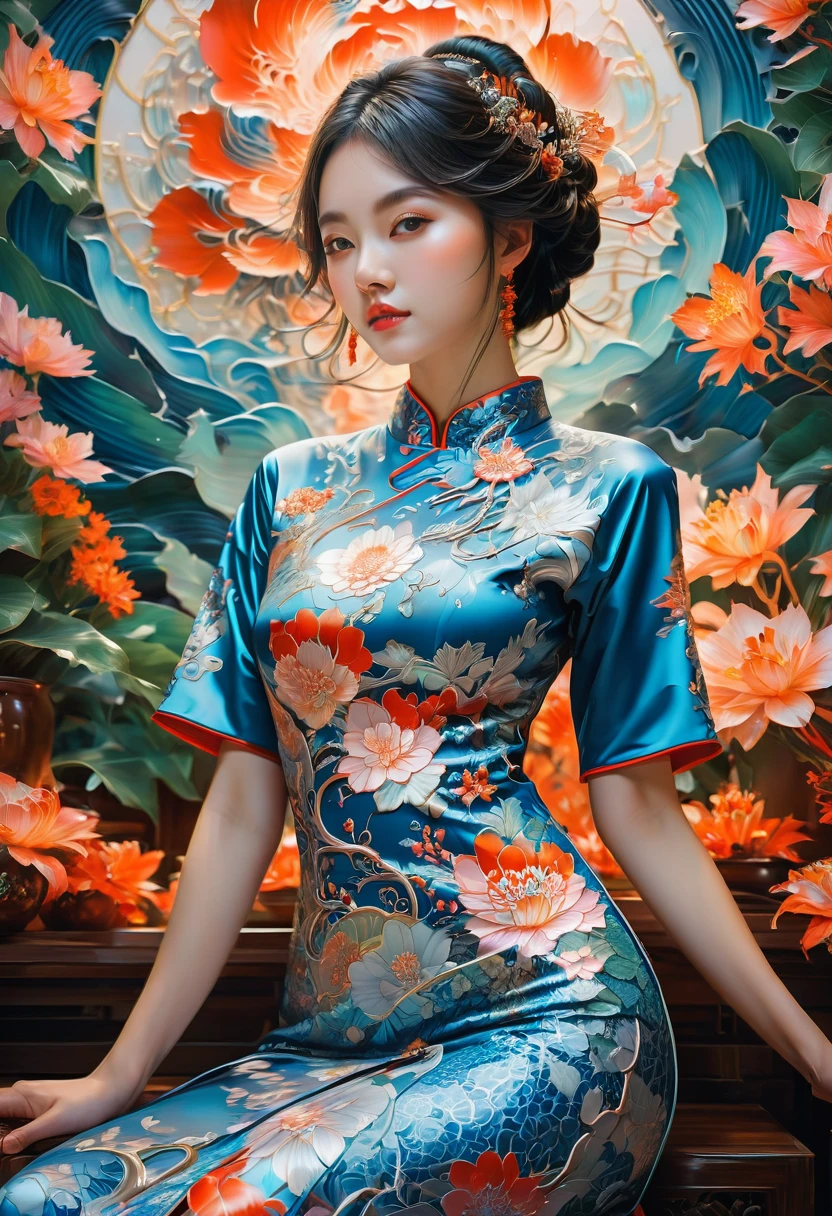 Cheongsam, by James Jean, RAW photo, 35mm photograph, bokeh, best quality, masterpiece, very aesthetic, perfect composition, intricate details, ultra-detailed