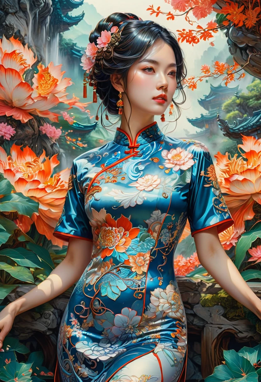 Cheongsam, by James Jean, RAW photo, 35mm photograph, bokeh, best quality, masterpiece, very aesthetic, perfect composition, intricate details, ultra-detailed