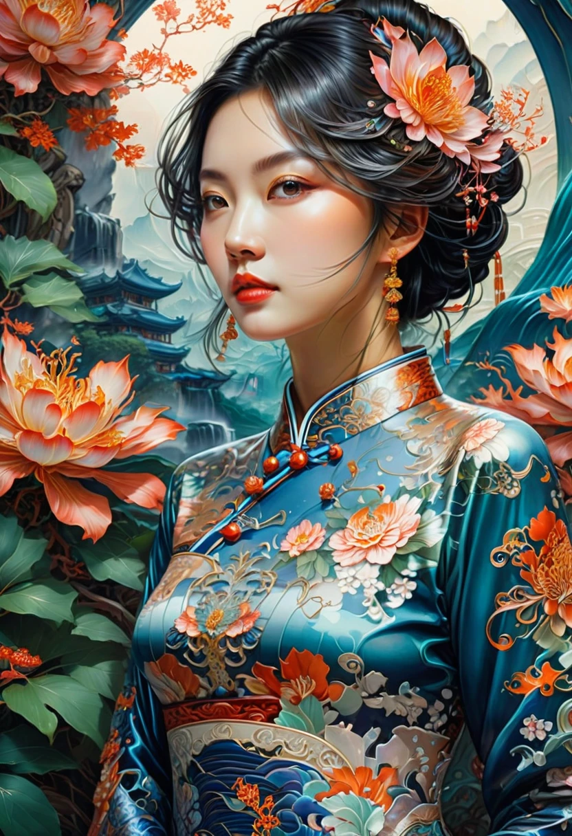 Cheongsam, by James Jean, RAW photo, 35mm photograph, bokeh, best quality, masterpiece, very aesthetic, perfect composition, intricate details, ultra-detailed