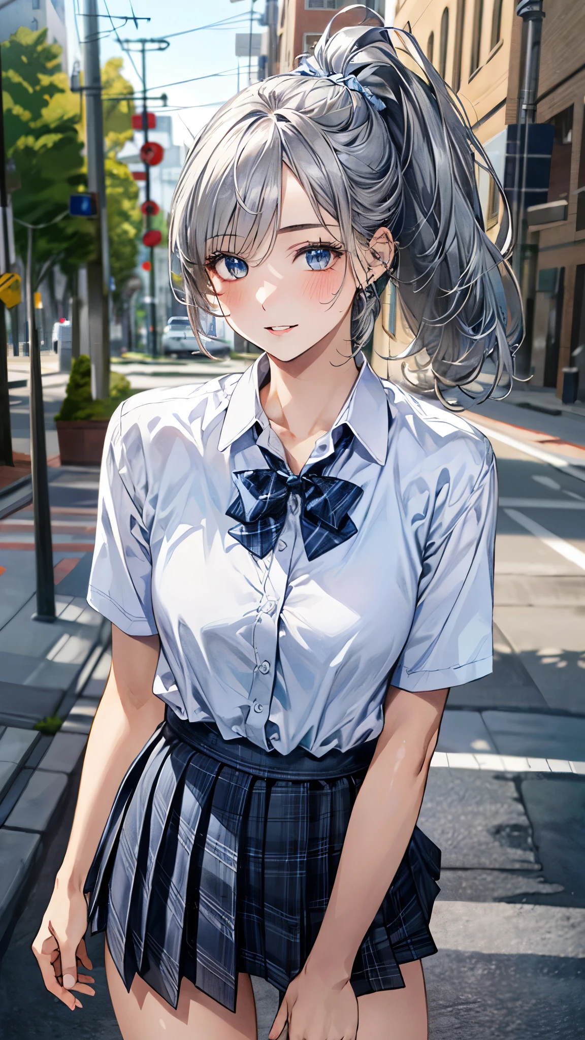 (masterpiece:1.3, top-quality, ultra high res, ultra detailed), (realistic, photorealistic:1.4), beautiful illustration, perfect lighting, natural lighting, colorful, depth of fields, ,
beautiful detailed hair, beautiful detailed face, beautiful detailed eyes, beautiful clavicle, beautiful body, beautiful chest, beautiful thigh, beautiful legs, beautiful fingers, shiny skin,
looking at viewer, 1 girl, high school girl, (perfect anatomy, anatomically correct, super detailed skin), cute and symmetrical face, babyface, perfect face, perfect eyes, ,
(middle hair, ponytail, silver hair), crossed bangs, blue eyes, slant eyes, big eyes, long eye lasher, (medium breasts, seductive thighs), slender, skin dendation,
detailed cloth texture, light blue collared shirt, blue bow tie, grey plaid pleated skirt:1.2, black hair chouchou,
(beautiful scenery), summer, evening, (downtown:1.2), standing, (lovely smile, upper eyes, parted lips),