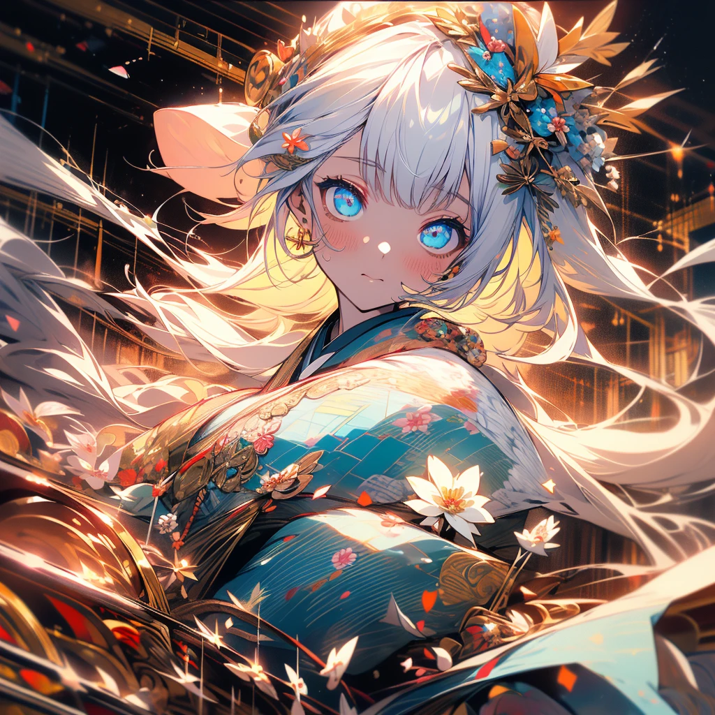 (masterpiece, Highest quality, Highly detailed CG, Beautiful fine details, Super detailed, Intricate details:1.2), 8k wallpaper, Elaborate features, (One girl, alone:1.4), Long Hair, Striped Hair, Fairy, View Viewer, Yellow Eyes, Earrings, Mysterious,Highest quality、PIXIV、moonのように、
One Girl、solo、Japanese clothing、Long Hair、kimono、Hair ornaments、、flower、White Hair、have、blue eyes、髪のflower、moon、blush、flower柄のkimono、Are standing、flowerをhave、night、