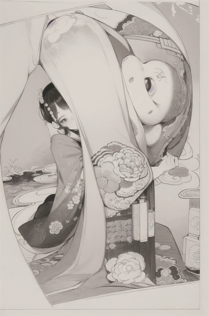 best quality, masterpiece, photo, 4K, photorealistic, highly detailed, huge moon in the background, black and white, closeup, Create a realistic ukiyo-e illustration of a cute girl in a kimono that conveys Japanese culture in various poses with a Japanese garden in the background, using a simple monochrome coloring book that even children can do.