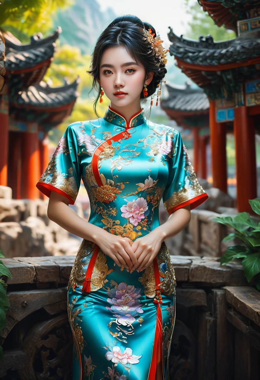 Cheongsam, by cgsociety and fenghua zhong, RAW photo, 35mm photograph, bokeh, best quality, masterpiece, very aesthetic, perfect composition, intricate details, ultra-detailed