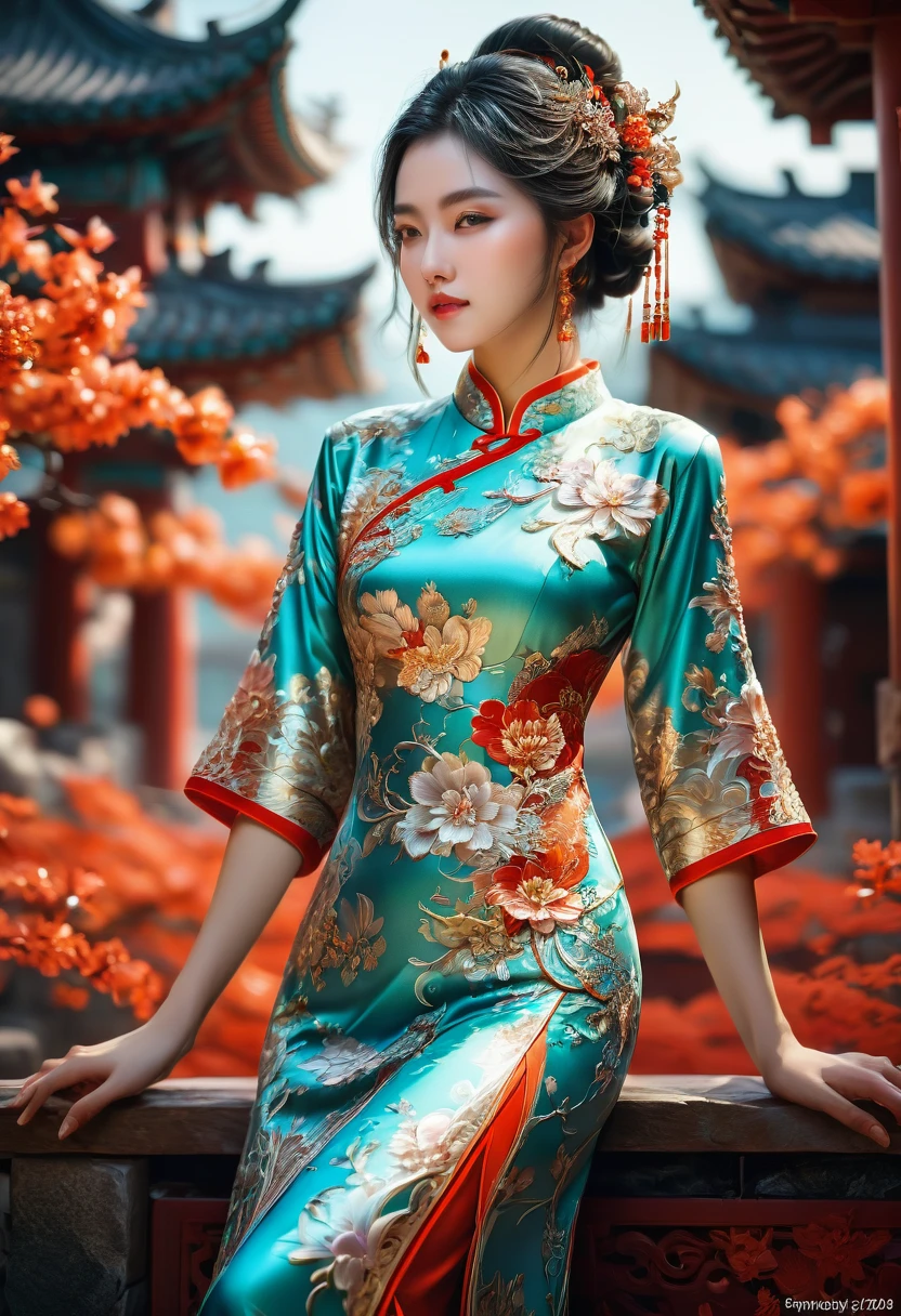 Cheongsam, by cgsociety and fenghua zhong, RAW photo, 35mm photograph, bokeh, best quality, masterpiece, very aesthetic, perfect composition, intricate details, ultra-detailed
