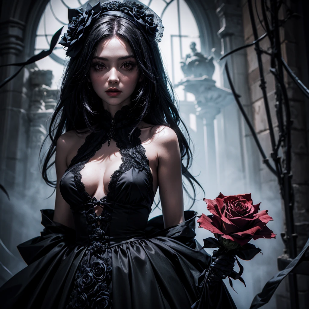 disturbing ghostly woman who stares into the camera holding out a black rose with a sinister and disturbing background