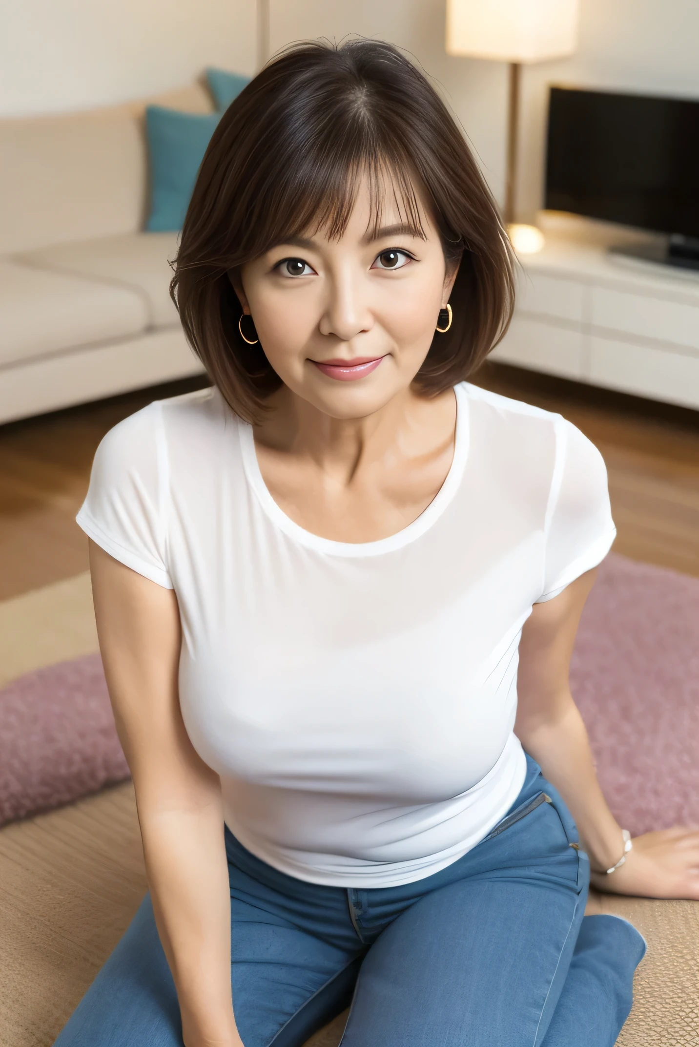 Highest quality, (Mature woman), ((Portraiture:1.3)), 腕をFrom head to thighs組んだイメージ)))(Kind Face),(View your viewers),Tight-fitting t-shirt、Voluptuous thighs,Hyper detail on skin,Cleans pores,Panoramic View,(Beautiful mature women over 55)、Japanese middle-aged woman, Perfect Face, Great look, (Detailed facial features),Clean and nice face、(room:1.5)、(((From head to thighs)))、(I can't wear accessories),((Pose where you can't see your fingertips))、(White dress)