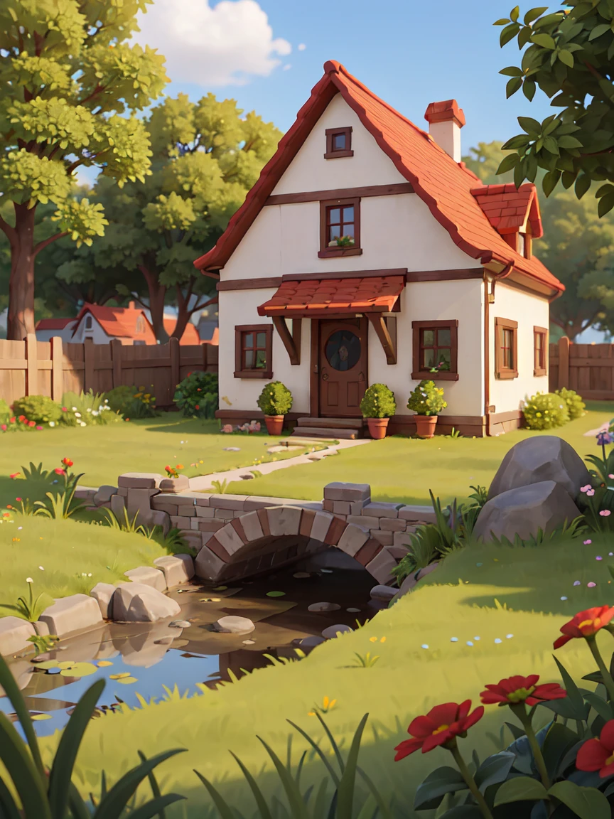 1 house，Red roof，White Wall，Game architecture design, Partial realism, farm, Stone, brick, Grass, river, Flowers, Trees, Casual game style, 2.5D, masterpiece, Super Detail, best quality