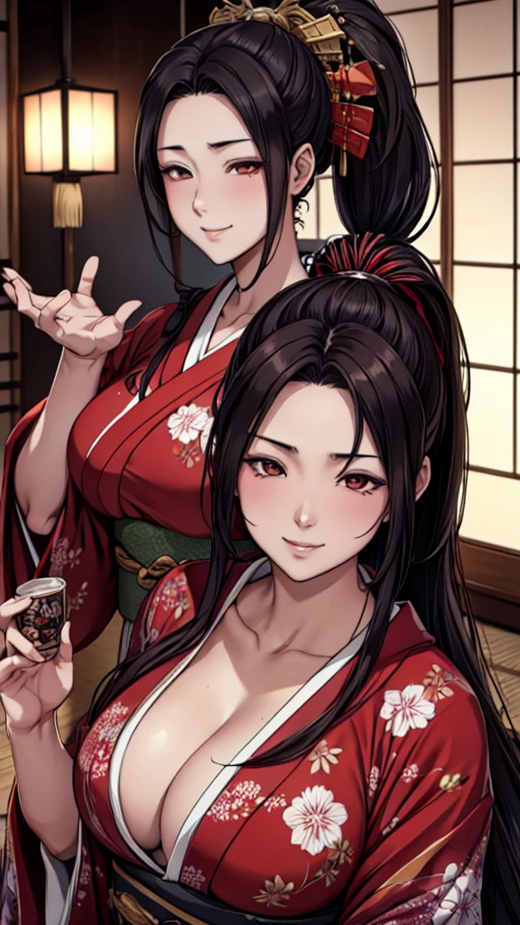 (masterpiece), Highest quality, Expressive eyes, Perfect Face Beautiful Japanese Woman Manga, MangaKawaiiAnime, Beautiful Japanese Kimono, The kimono has dragon embroidery on it.. The kimono is black and red, Japanese woman with long hair, Hair color: Brown, Hairstyle Ponytail, single eyelid, The eyes are hooded、Sensual and、Deeply sunken、Fascinating and、mysterious, facial expression smile, Beautiful images.