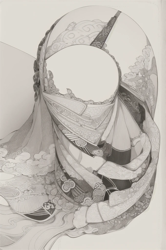 best quality, masterpiece, photo, 4K, photorealistic, highly detailed, huge moon in the background, black and white, closeup, Create a realistic ukiyo-e illustration of a cute girl in a kimono that conveys Japanese culture in various poses with a Japanese garden in the background, using a simple monochrome coloring book that even children can do.