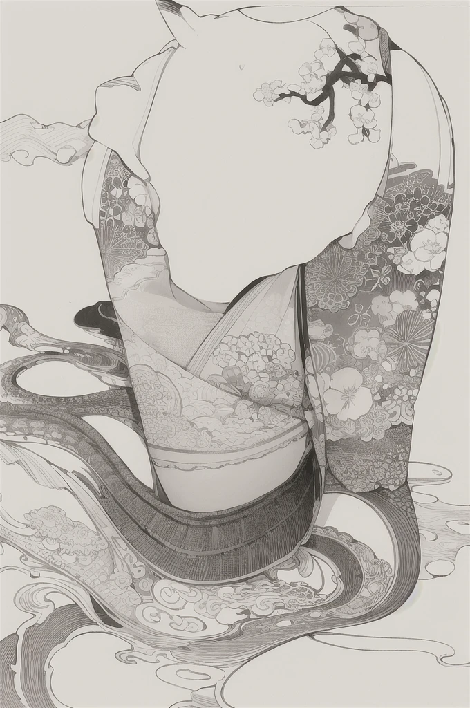 best quality, masterpiece, photo, 4K, photorealistic, highly detailed, huge moon in the background, black and white, closeup, Create a realistic ukiyo-e illustration of a cute girl in a kimono that conveys Japanese culture in various poses with a Japanese garden in the background, using a simple monochrome coloring book that even children can do.