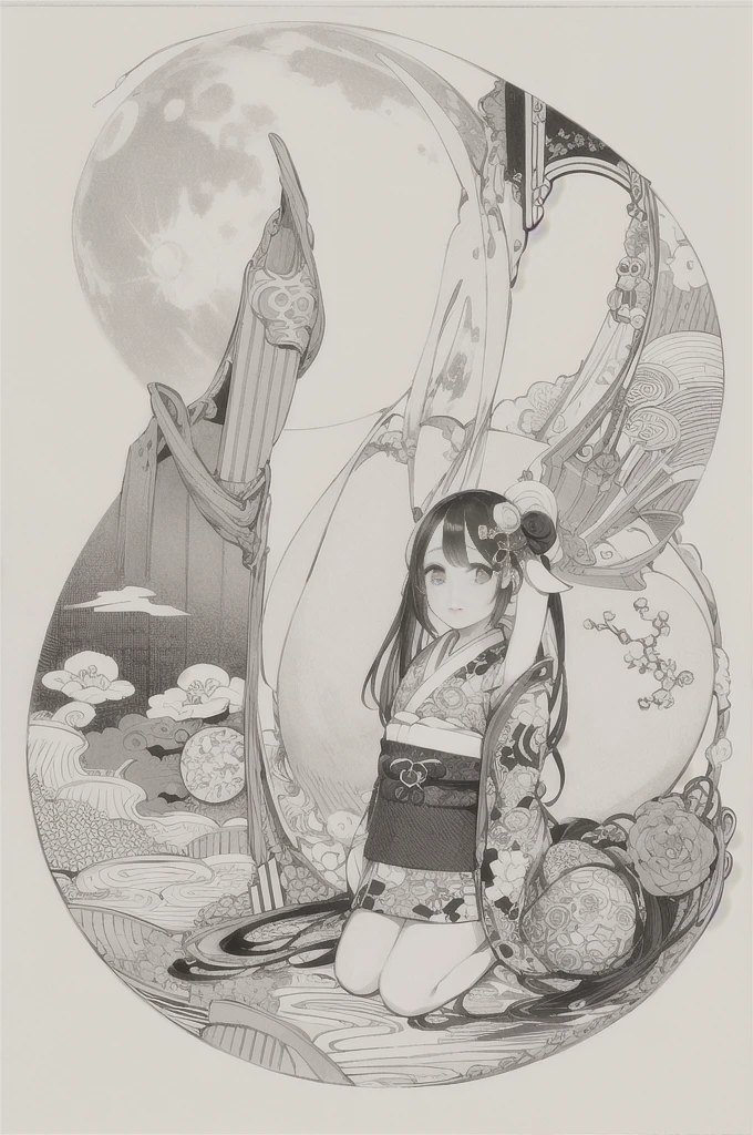 best quality, masterpiece, photo, 4K, photorealistic, highly detailed, huge moon in the background, black and white, closeup, Create a realistic ukiyo-e illustration of a cute girl in a kimono that conveys Japanese culture in various poses with a Japanese garden in the background, using a simple monochrome coloring book that even children can do.
