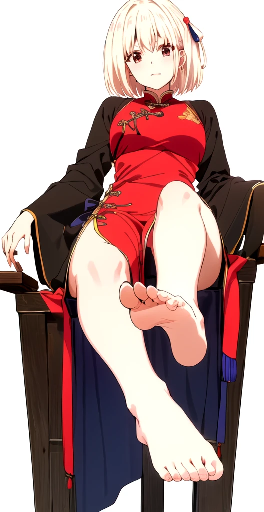 M-shaped legs、M-shaped legs、M-shaped legs、胸のI can see the valley、胸の開けたChina dress、Panties are slightly visible、China dress姿のアニメの女の子, China dress、China dressのスリットからパンティが見える、、Blushing、、Short Hair、Coffee shop、I can see the valley、Put one foot on the chair