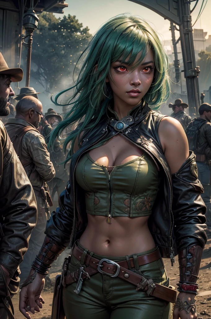 emeraldsustrai, emerald sustrai, short hair, (red eyes:1.5), (green hair), dark skin, dark-skinned female, navel, cleavage, midriff, belt, cleavage cutout, chaps, ((broken suspension bridge, near old steam train)), post-apocalypse, dystopian future, crowd, (crowd in military uniforms), bonfires, (volumetric lighting),  intricate details, tonemapping, sharp focus, hyper detailed, (cowboy shot:1.5), BREAK (masterpiece:1.2), best quality, high resolution, unity 8k wallpaper, (illustration:0.8), (beautiful detailed eyes:1.6), extremely detailed face, perfect lighting, extremely detailed CG, (perfect hands, perfect anatomy),