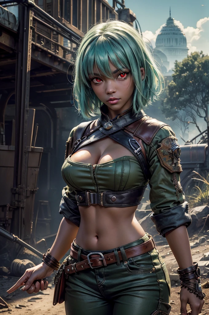 emeraldsustrai, emerald sustrai, short hair, (red eyes:1.5), (green hair), dark skin, dark-skinned female, navel, cleavage, midriff, belt, cleavage cutout, chaps, ((broken suspension bridge, near old steam train)), post-apocalypse, dystopian future, crowd, (crowd in military uniforms), bonfires, (volumetric lighting),  intricate details, tonemapping, sharp focus, hyper detailed, (cowboy shot:1.5), BREAK (masterpiece:1.2), best quality, high resolution, unity 8k wallpaper, (illustration:0.8), (beautiful detailed eyes:1.6), extremely detailed face, perfect lighting, extremely detailed CG, (perfect hands, perfect anatomy),