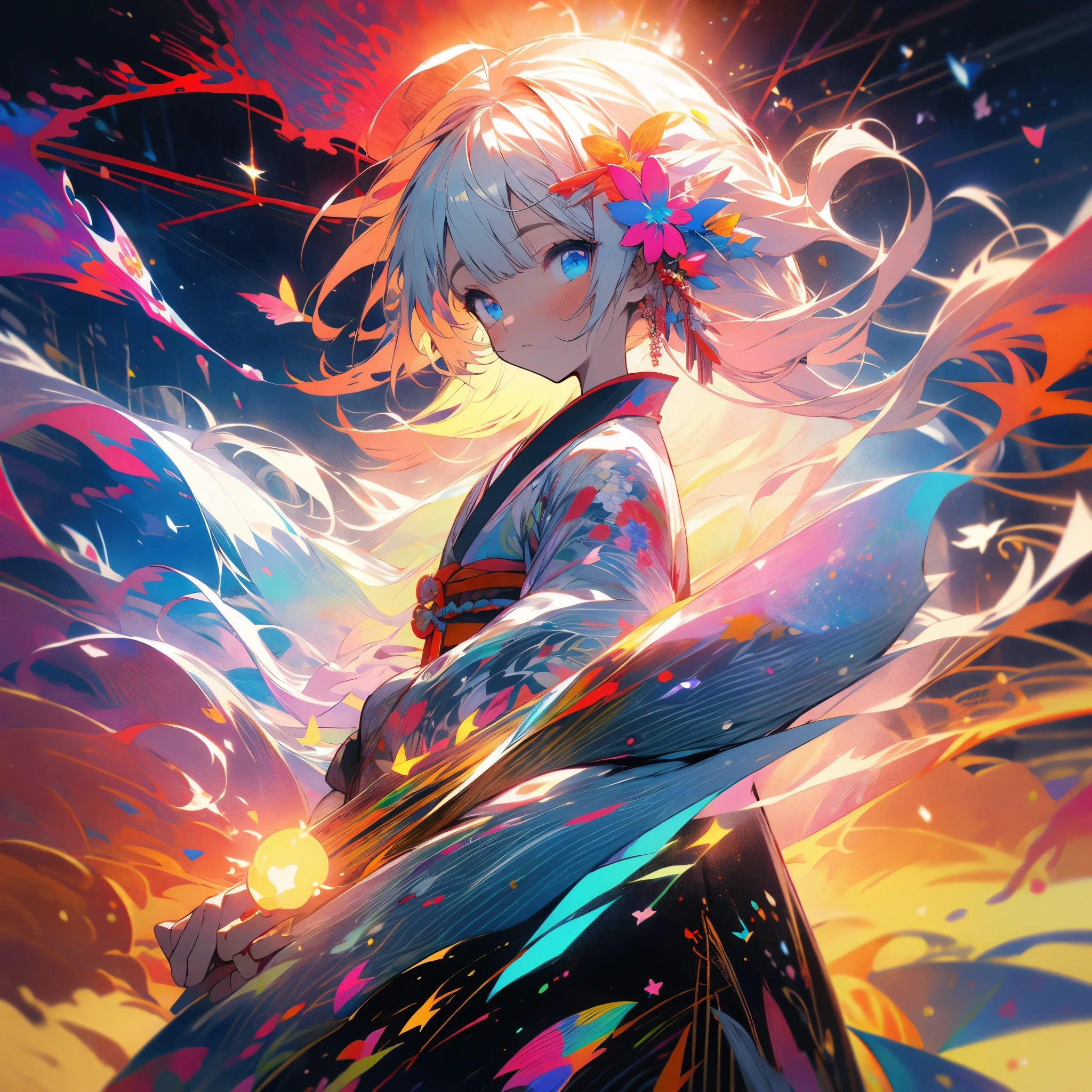 (masterpiece:1.2), best quality,PIXIV,  As the moon,
1girl, solo, japanese clothes, long hair, kimono, hair ornament, looking at viewer, flower, white hair, holding, blue eyes, hair flower, ahoge, bangs, long sleeves, wide sleeves, moon, blush, floral print, print kimono, standing, closed mouth, holding flower, night

