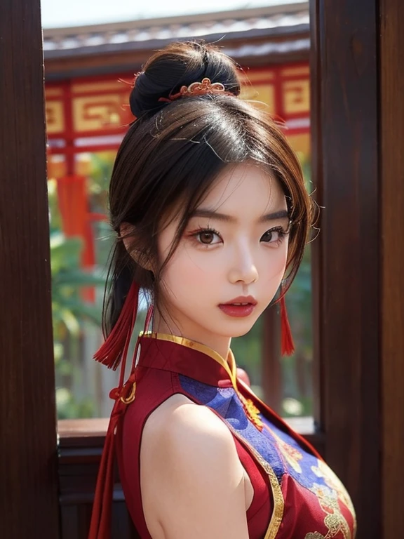 Using the trigger word、Generate an image of a young female model wearing a traditional Chinese dress。She has a charming aura that evokes Chinese culture and aesthetics.、Her hairstyle is「chinese buns(Chinese bun hairstyle)」It has become。The dress she wears、Cool colors, yet gorgeous、Incorporating traditional Chinese elements。The dress has a sleeveless design(Sleeveless)in、Make her skin look beautiful。Also、Add glamorous elements to the material and details of the dress.、Enhance her beauty。Her poses and facial expressions are、It exudes confidence and elegance.、It shows off the beauty of Chinese culture and dress.。Background、It incorporates traditional Chinese elements and scenery.、Make sure it matches her vibe。The generated image is、Fashion magazines, art works, etc.、We hope it will be a wonderful image that celebrates traditional Chinese beauty.。