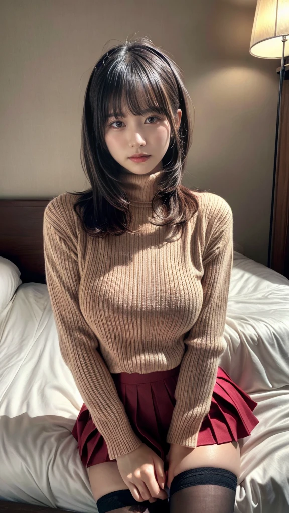 masterpiece, best quality, illustration, Super detailed, fine details, High resolution, 8K,wall paper, perfect dynamic composition,(Details High quality, realistic depiction of eyes:1.3), Tight turtleneck pink sweater, pleated skirt, short bob hair、black hair color, Big Natural Color Lip, bold sexy pose, crying a little、Harajuku style、acrobatic pose, 20 year old girl、cute type、ta、beautiful legs, hotel room, gravure idol, Voluptuous thighs, huge breasts, (Don't expose it)