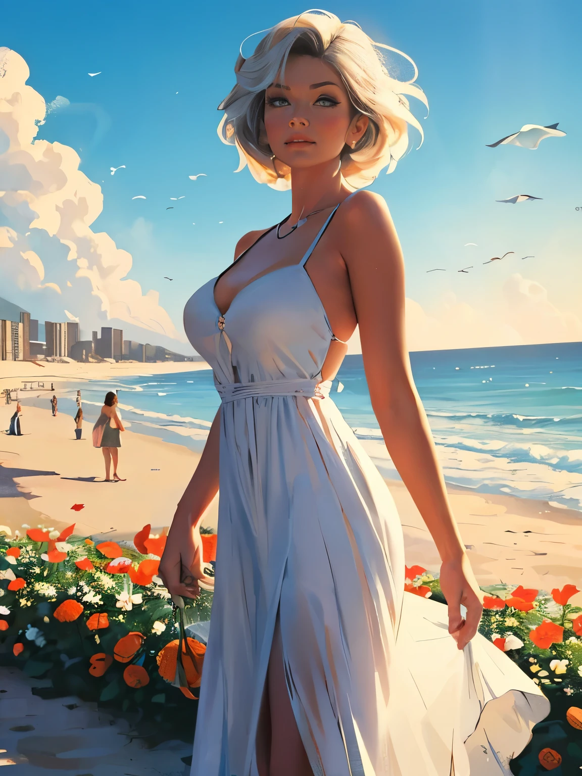 old retro poster, USSR, Odessa Black Sea beach, Neon, photo shoot, 1 ultra hot gorgeous woman. Age 23.  short white wavy hair, expressive breasts, in a white sundress with a pattern of flowers on fabric, fashionista, 80s, hd