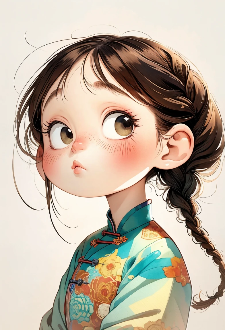 (masterpiece, best quality:1.2), watercolor painting，cartoonish character design。1 girl, alone，big eyes，Cute expression，Two little braids，cheongsam，portrait，interesting，interesting，clean lines，Leave blank，
