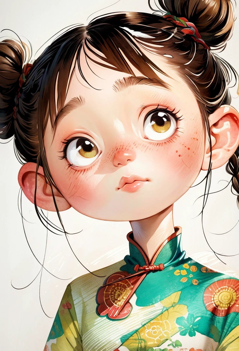 (masterpiece, best quality:1.2), watercolor painting，cartoonish character design。1 girl, alone，big eyes，Cute expression，Two little braids，cheongsam，portrait，interesting，interesting，clean lines，Leave blank，
