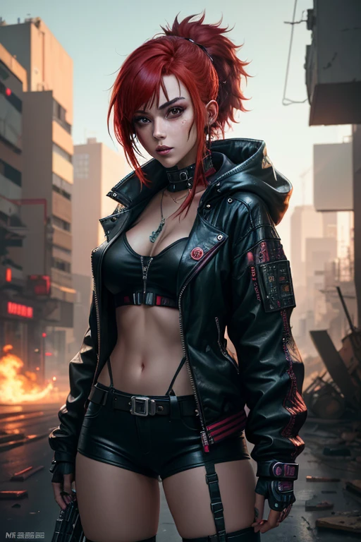 A girl with red hair and black clothes standing in a destroyed area, Cyberpunk Girl, female Cyberpunk Girl, Digital Cyberpunk , Cyberpunk art, digital Cyberpunk art, Cyberpunk Angry Gorgeous Goddess, Cyberpunk art, ハイパーリアルなCyberpunk Style, Cyberpunk artスタイル, Cyberpunk Girl, Cyberpunk Style, Modern cyberpunk, Cyberpunk style outfit