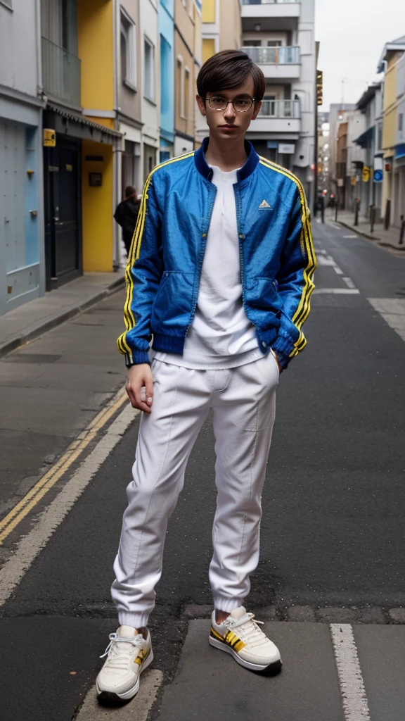 Man wearing a bright blue jacket and sleeves with yellow details, in the center of the shirt there is a gold star symbol, the shirt has long sleeves, he is wearing black knitted pants with stripes With white stripes on the side , Slender man wears black Adidas sneakers, paved street, village, 2008