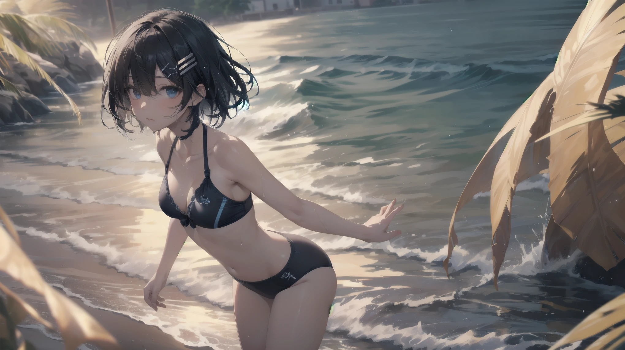 Highest quality, Anime Moe Art Style,Best Anime 8K Konachan Wallpaper,pixiv Contest Winner,Perfect Anatomy, break,(Please draw a picture of a girl in a Swimwear walking on the beach.),break, 1girl is an unlucky beautiful girl,(alone,upon,,14 years old:1.3),,Complete limbs, Full Finger,  short hair, amount, (Hair on one eye:1.4),Small breasts, Small Ass, Beautiful attention to detail, Well-proportioned pupils,between legs, Wet, Shiny skin, Cowboy Shot, Hair Clip, Swimwear, At the Beach.break,Super detailed,High resolution,Highly detailed skin, 
Optimal lighting with AI, figure,