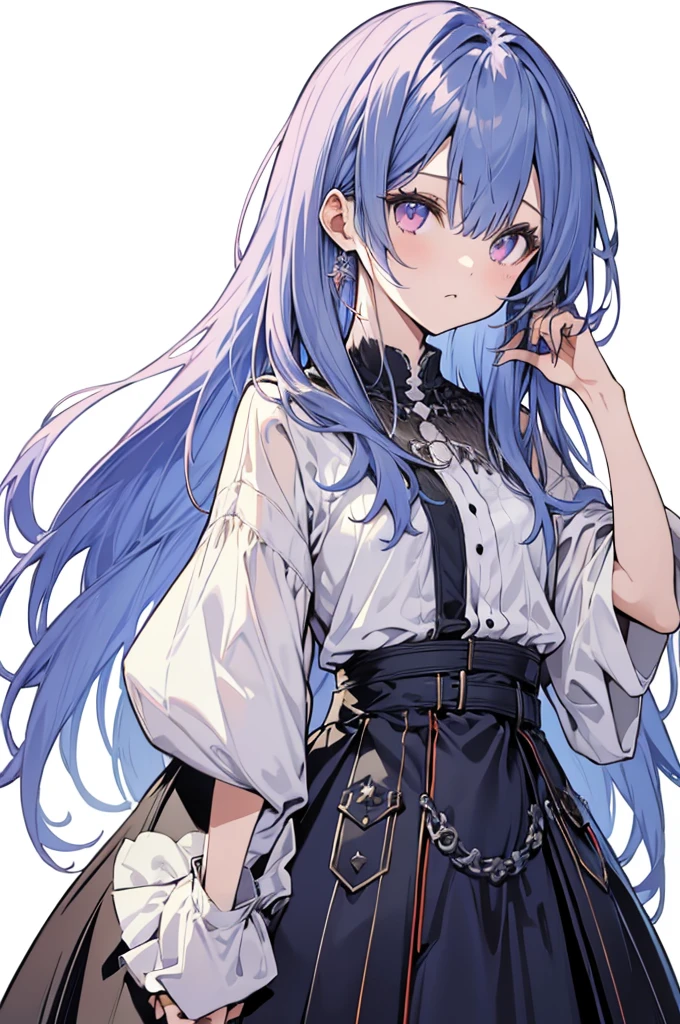 (A woman wrapped in iron chains), Bondage, hostage, (Rika Furude), Blue Hair, Purple eyes, Long Hair, blunt bangs, bangs, 1 person, white shirt, pink bow, suspenders, black skirt