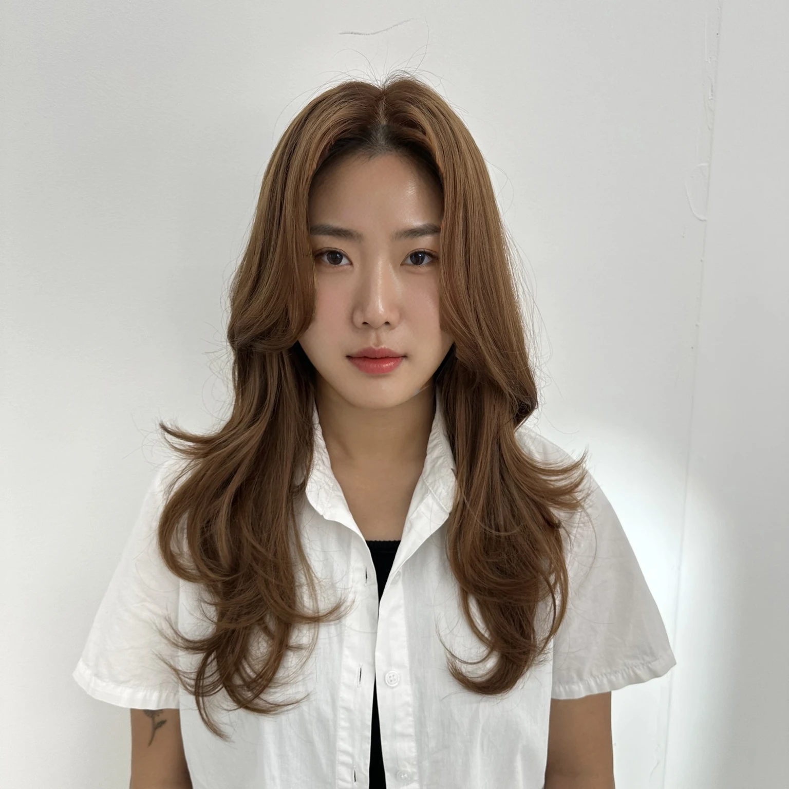 Best Quality, 8k, Masterpiece, (Portrait: 1.3), (photo realistic:1.4), (hyper realistic:1.4), Sharp Focus, looking at viewer, (smoother lighting:1.1), (increase cinematic lighting quality:0.9), realistic lighting, backlighting, light on face, ray trace, (brightening light:1.2), (Increase quality:1.4), sharp detail, (best quality real texture skin:1.4), finely detailed eyes, black_eyes, finely detailed face, 25 year old Korean woman