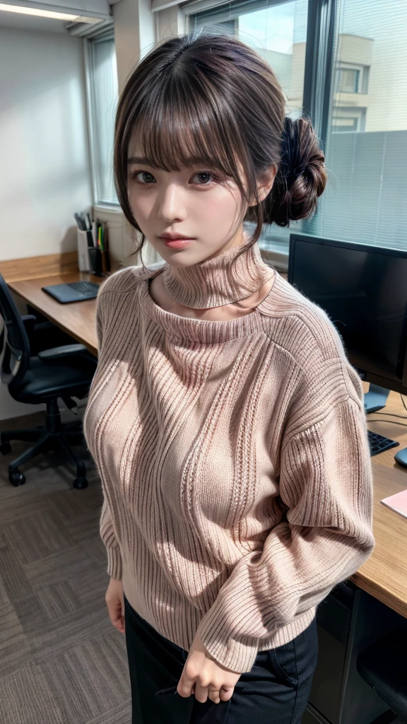 highest quality,Very detailed,finely,High resolution,8k wallpaper,Perfect dynamic composition,20 yo, Office Lady,whole body,Are standing,Pink knitwear,turtleneck,Shedding bangs,updo,finel beautiful eyes,Natural Lip